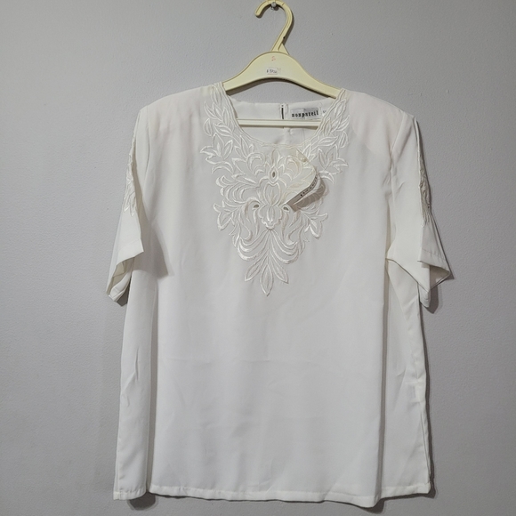 Vintage crepe short sleeve sheer blouse with open lace embroidery, ivory, small - Picture 2 of 9